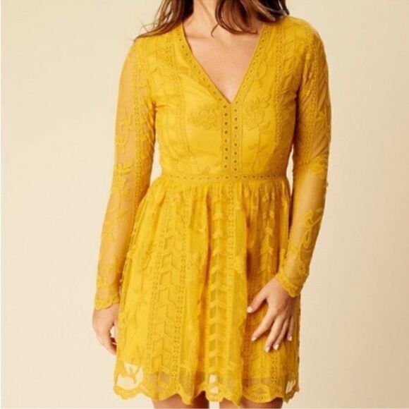 Altar’d State Tabatha Mustard Yellow Golden Long Sleeve Lace Mini Dress - Picture 1 of 9